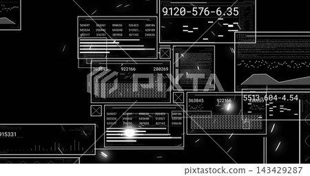 Displaying central HUD panels pulsing at virtual dashboard, with numeric readouts, waveform charts Displaying central HUD panels pulsing at virtual dashboard, with numeric readouts, waveform charts 143429287