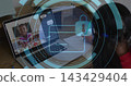 Displaying laptop showing child in pink stripes while child in red top leaning at home, HUD 143429404