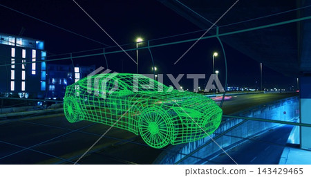 Floating neon green wireframe hatchback hologram hovering above overpass at night with light trails Floating neon green wireframe hatchback hologram hovering above overpass at night with light trails 143429465