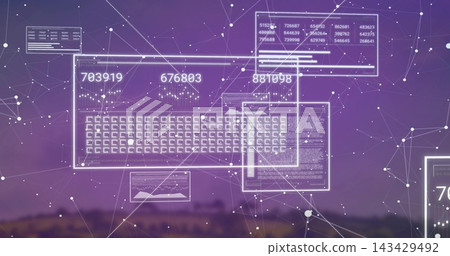 Floating glowing HUD panel showing keyboard grid, numeric readouts and waveforms over dusk horizon 143429492