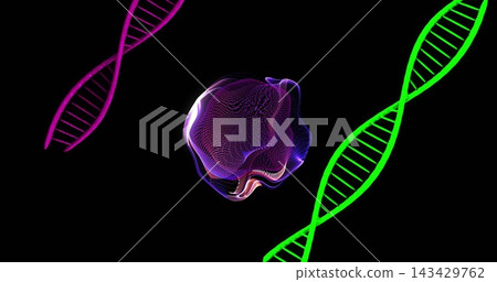 Glowing purple wireframe orb rotating and pulsing in black void, with neon green and pink helices Glowing purple wireframe orb rotating and pulsing in black void, with neon green and pink helices 143429762