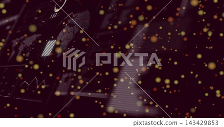 Displaying data dashboard pulsing on dark screen, with world map, gauge, line chart, bokeh dots 143429853