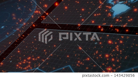 Showing dark grid panels shifting on dashboard, with glowing orange or red nodes and neon-blue lines Showing dark grid panels shifting on dashboard, with glowing orange or red nodes and neon-blue lines 143429856
