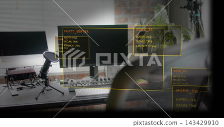Showing centered desk setup in home studio, featuring monitor, microphone, red interface, overlays 143429910