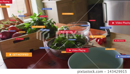 Displaying metal colander holding dark leafy greens on kitchen wooden table, with UI overlays Displaying metal colander holding dark leafy greens on kitchen wooden table, with UI overlays 143429915