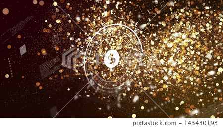 Glowing white dollar token spinning within concentric rings in data map, with golden particles Glowing white dollar token spinning within concentric rings in data map, with golden particles 143430193