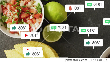 Displaying white bowl pico de gallo sitting on dark slate with lime chips notifications, copy space 143430194