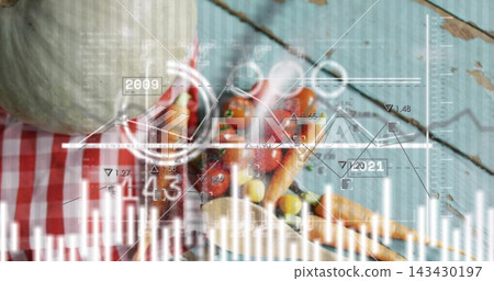 Displaying tomatoes and carrots sitting on checkered cloth on turquoise table with data overlays Displaying tomatoes and carrots sitting on checkered cloth on turquoise table with data overlays 143430197