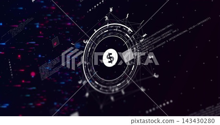 Displaying central HUD with white dollar symbol in virtual space, showing wireframe mesh and code Displaying central HUD with white dollar symbol in virtual space, showing wireframe mesh and code 143430280
