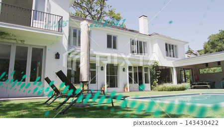 Showing two-story white house and pool in backyard, featuring four black chairs and teal streaks 143430422