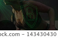 Leaning woman in dark sports bra bracing on bench at dim gym, holo shield showing padlock 143430430