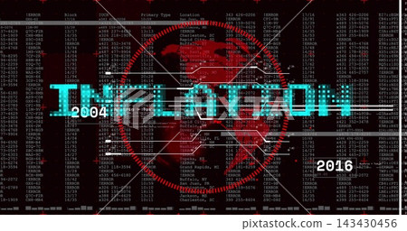 Displaying glitchy cyan text and red skull emblem across computer dashboard, showing 2004 and 2016 Displaying glitchy cyan text and red skull emblem across computer dashboard, showing 2004 and 2016 143430456