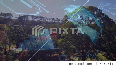 Showing stand of trees spreading across park canopy from high view, with globe and circuit grid Showing stand of trees spreading across park canopy from high view, with globe and circuit grid 143430513