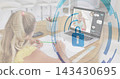 Writing blonde child in yellow top using laptop with pencil at home, padlock overlay, copy space 143430695