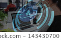 Displaying laptop with cloud lock overlay at open-plan office desk, coworker wearing red shirt 143430700