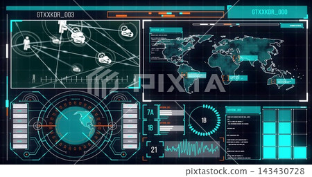 Displaying future HUD filling screen, showing world map, nodes, radar globe, gauge 1B, graph Displaying future HUD filling screen, showing world map, nodes, radar globe, gauge 1B, graph 143430728