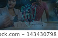 Talking at work, woman in blazer holding pencil, man leaning over model, cyan shield with padlock 143430798