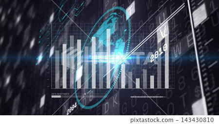 Displaying central translucent bar chart and globe hovering in grid dashboard, with lens flare Displaying central translucent bar chart and globe hovering in grid dashboard, with lens flare 143430810