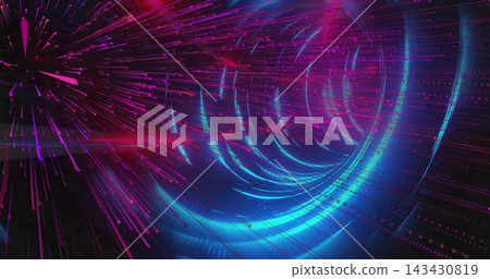 Pulsing futuristic tunnel streaming in CGI conduit, with cyan rings, dotted nodes, magenta streaks Pulsing futuristic tunnel streaming in CGI conduit, with cyan rings, dotted nodes, magenta streaks 143430819