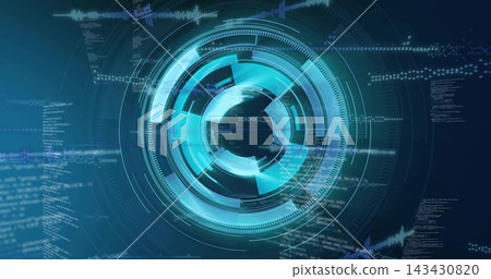 Rotating cyan-blue HUD occupying center on teal-navy background showing rings, dials, code streams Rotating cyan-blue HUD occupying center on teal-navy background showing rings, dials, code streams 143430820