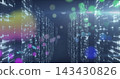 Leading central dark corridor drawing eye into futuristic data aisle, with lit panels and haze 143430826