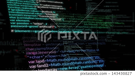 Displaying centered syntax-highlighted code block glowing on dark screen, with translucent layers Displaying centered syntax-highlighted code block glowing on dark screen, with translucent layers 143430827