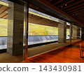 The modern lobby offers views of the autumn garden through large glass windows. 143430981