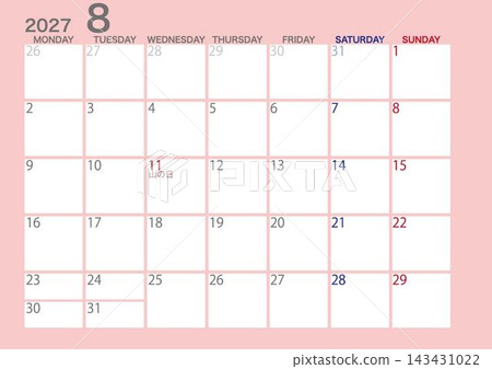 2027年8月曆(星期一開始) 2027年8月曆(星期一開始) 143431022
