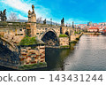 Charles Bridge and the Vltava River, historical landmarks in Prague, the capital of the Czech Republic. 143431244