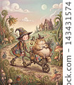 Whimsical child and cat exploring enchanted forest path together 143431574