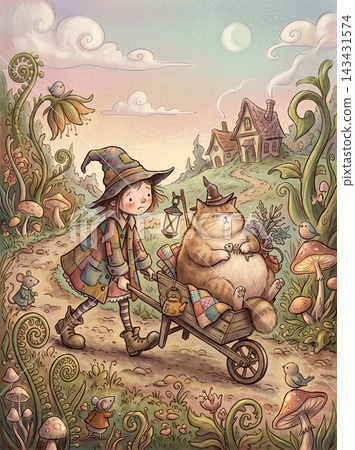 Whimsical child and cat exploring enchanted forest path together 143431574