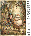 Whimsical child and plump feline in enchanted forest wonderland 143431575