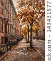 Serene urban street bathed in autumnal warmth under tall trees 143431577