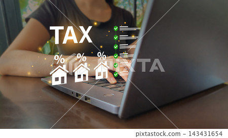 Tax property calculation concept with laptop and holographic house icons for finance templates Tax property calculation concept with laptop and holographic house icons for finance templates 143431654
