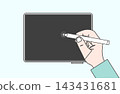 Illustration of a hand operating a tablet screen with a stylus. 143431681