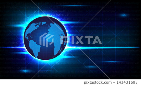 Digital globe technology background with glowing light streaks and programming software code lines Digital globe technology background with glowing light streaks and programming software code lines 143431695
