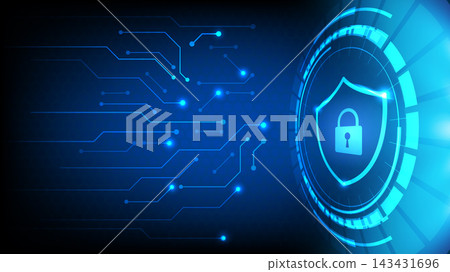 Digital security background featuring a padlock shield icon and glowing tech circuit lines Digital security background featuring a padlock shield icon and glowing tech circuit lines 143431696