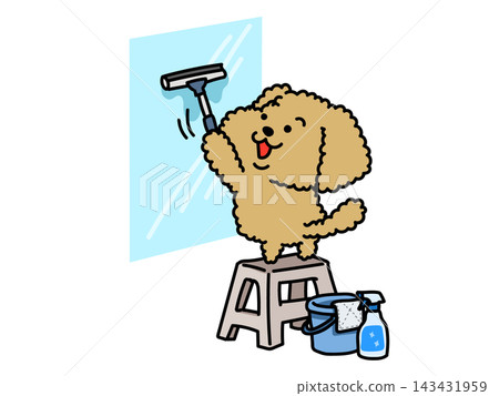 An illustration of a toy poodle cleaning a windowpane with a squeegee. An illustration of a toy poodle cleaning a windowpane with a squeegee. 143431959