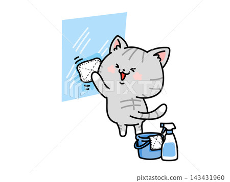 An illustration of a cute cat wiping a windowpane until it shines with a rag. An illustration of a cute cat wiping a windowpane until it shines with a rag. 143431960