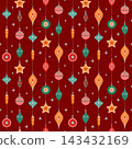 Retro Christmas ornaments seamless pattern, mid century modern style hanging vintage baubles stars colorful flat vector illustration background for holiday textile wrapping paper fabric packaging    143432169