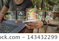 Legal compliance verification concept with laptop smartphone and holographic law icons for approval templates 143432299