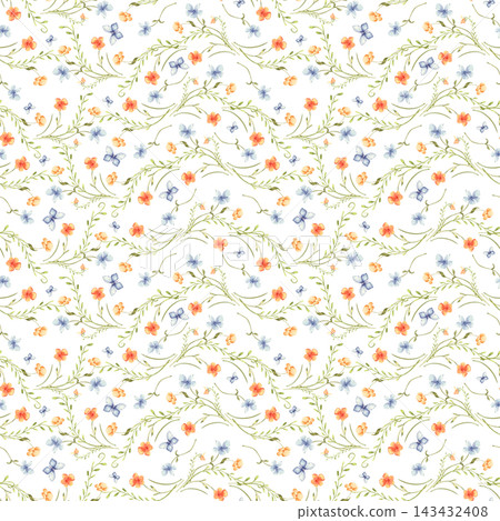 Small flower pattern with watercolor butterflies isolated. Seamless botanical background with bright floral vines hand drawn. Nature design for fabric, textile, wallpaper. Spring floral wavy print. 143432408
