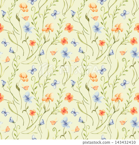 Ditsy floral background with mini botanical elements watercolor on light. Seamless pattern with small orange flowers and blue butterflies hand drawn. Spring meadow endless design print for textile. Ditsy floral background with mini botanical elements watercolor on light. Seamless pattern with small orange flowers and blue butterflies hand drawn. Spring meadow endless design print for textile. 143432410