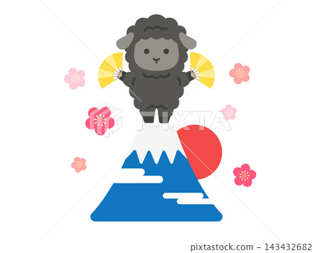 富士山頂上描繪了一隻黑羊的插圖。 富士山頂上描繪了一隻黑羊的插圖。 143432682