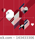 Abstract geometric hearts with arrows on red background modern retro style square template. 143433306