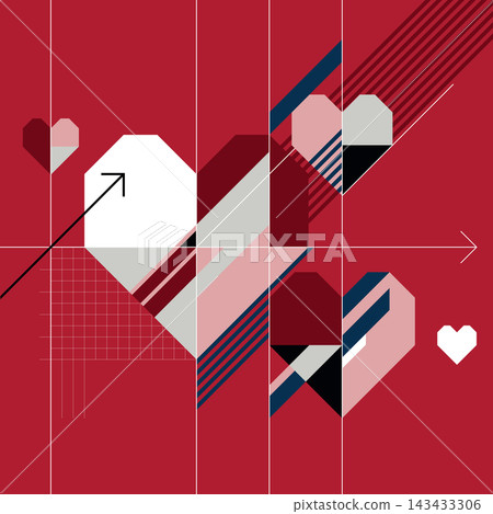Abstract geometric hearts with arrows on red background modern retro style square template. Abstract geometric hearts with arrows on red background modern retro style square template. 143433306