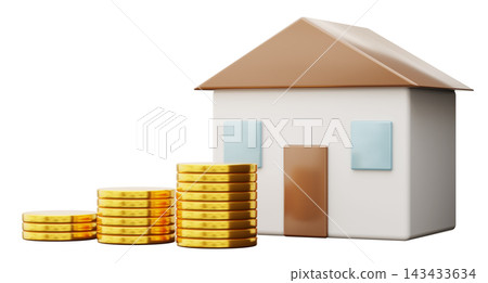 A 3D render shows a simple house next to several stacks of gold coins on a clear background. The house has a brown roof and blue windows. The scene A 3D render shows a simple house next to several stacks of gold coins on a clear background. The house has a brown roof and blue windows. The scene 143433634