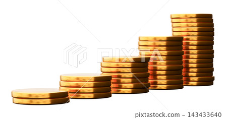 Golden coins are arranged in a growing stack on a clear background. Each coin shines brightly in this 3D cut-out design. The focus is on the 143433640