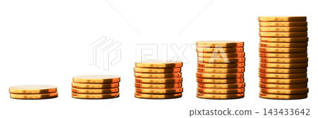 Golden coins are arranged in stacks on a clear background. The stacks increase in height, showing rising amounts. This setup displays the growth of Golden coins are arranged in stacks on a clear background. The stacks increase in height, showing rising amounts. This setup displays the growth of 143433642