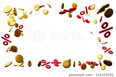 Coins and percentage signs are arranged in a frame shape. The cut-out design showcases a 3D render. This is set on a clear background for emphasis 143433650